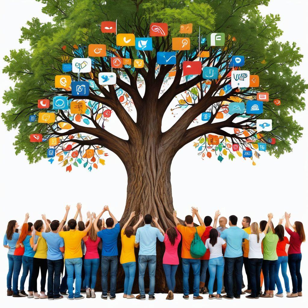A vibrant community gathering, showcasing diverse individuals with passion and enthusiasm, engaging in collaborative activities that symbolize unity and support. Illustrate a tree with strong roots representing loyalty, surrounded by colorful banners of various causes. Include elements of digital connection like social media symbols, conveying the idea of a network. super-realistic. vibrant colors. white background.
