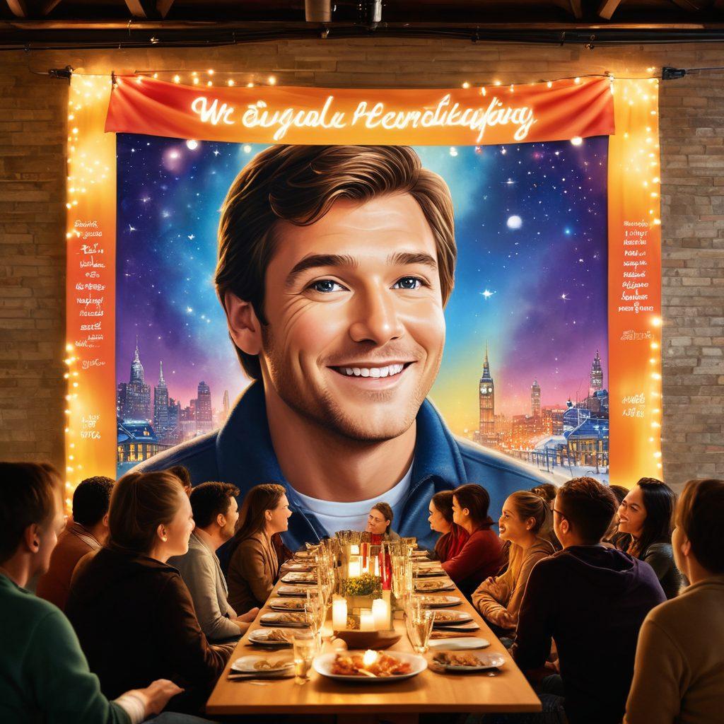A vibrant scene depicting diverse fans gathered in a cozy, warm-lit space, sharing moments of joy and connection over a giant fan art mural of Simon. Include intimate interactions, such as fans exchanging handmade gifts and heartfelt smiles, symbolizing loyalty and community. The background should have soft, glowing lights and colorful banners showcasing their favorite Simon quotes. super-realistic. vibrant colors. cozy atmosphere.
